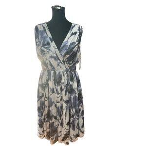 Monsoon Blue Abstract Floral Pleated Midi Dress Sleeveless V-Neck Size US 16